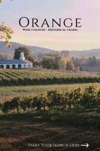 Vineyard and countryside landscape in Orange County at sunset.